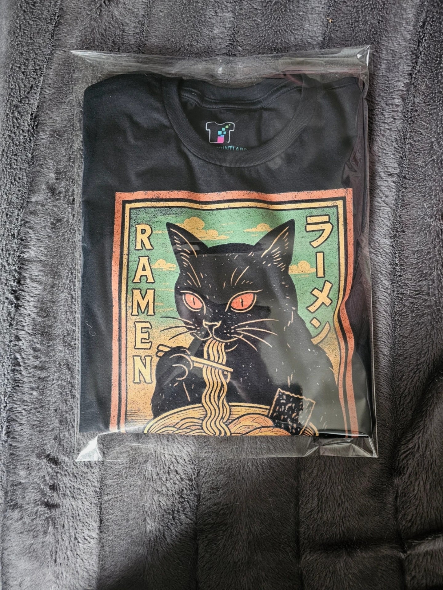 Black Graphic T-Shirt | Vintage Ramen Cat Design | Men’s Cotton