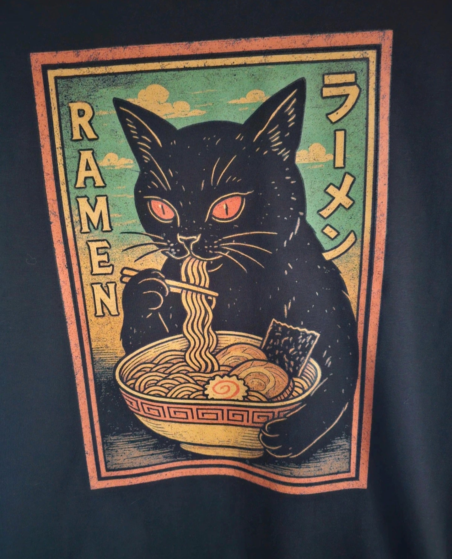 Black Graphic T-Shirt | Vintage Ramen Cat Design | Men’s Cotton