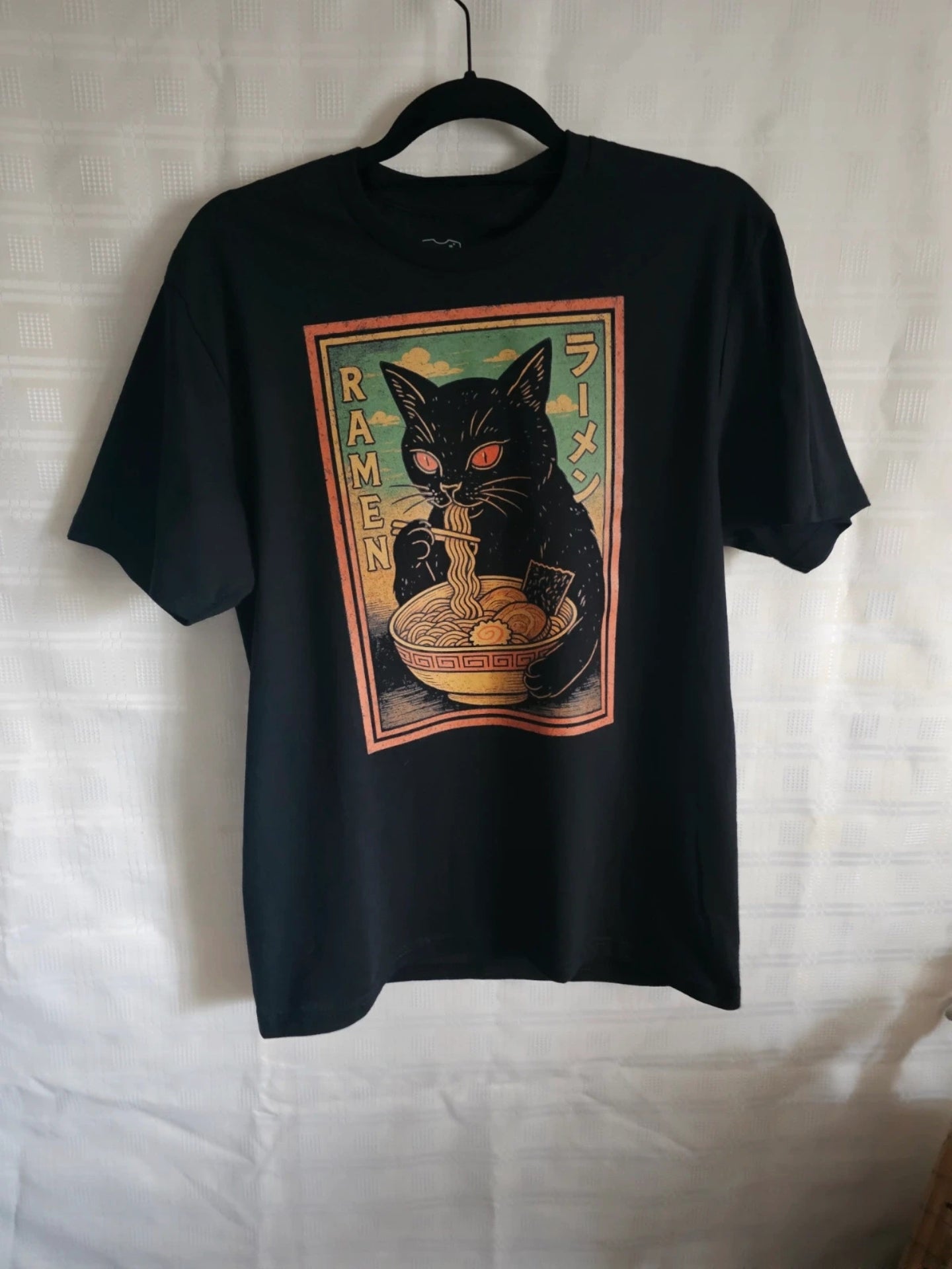 Black Graphic T-Shirt | Vintage Ramen Cat Design | Men’s Cotton