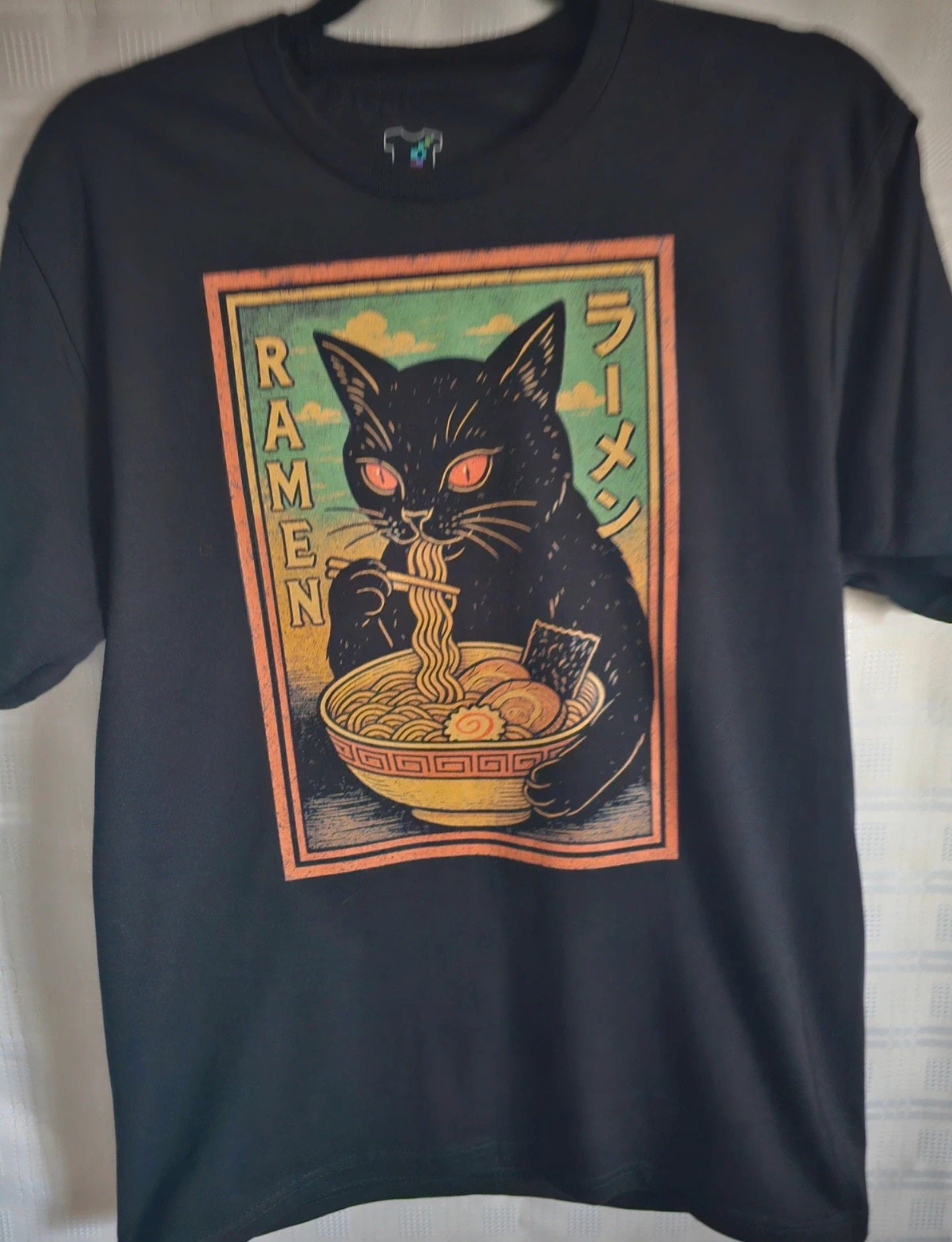 Black Graphic T-Shirt | Vintage Ramen Cat Design | Men’s Cotton