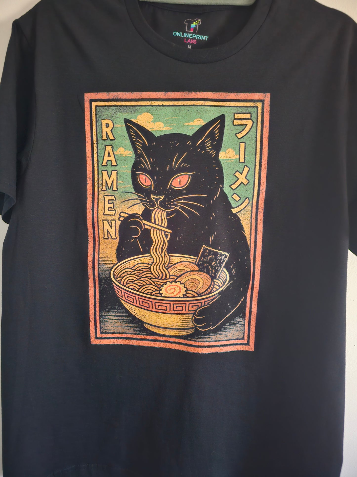 Ramen Cat T-Shirt | Japanese Streetwear Noodle Graphic Tee | Black Cat Anime Food Shirt