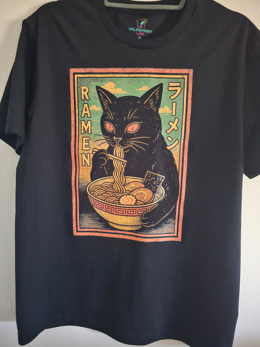 Ramen Cat T-Shirt | Japanese Streetwear Noodle Graphic Tee | Black Cat Anime Food Shirt