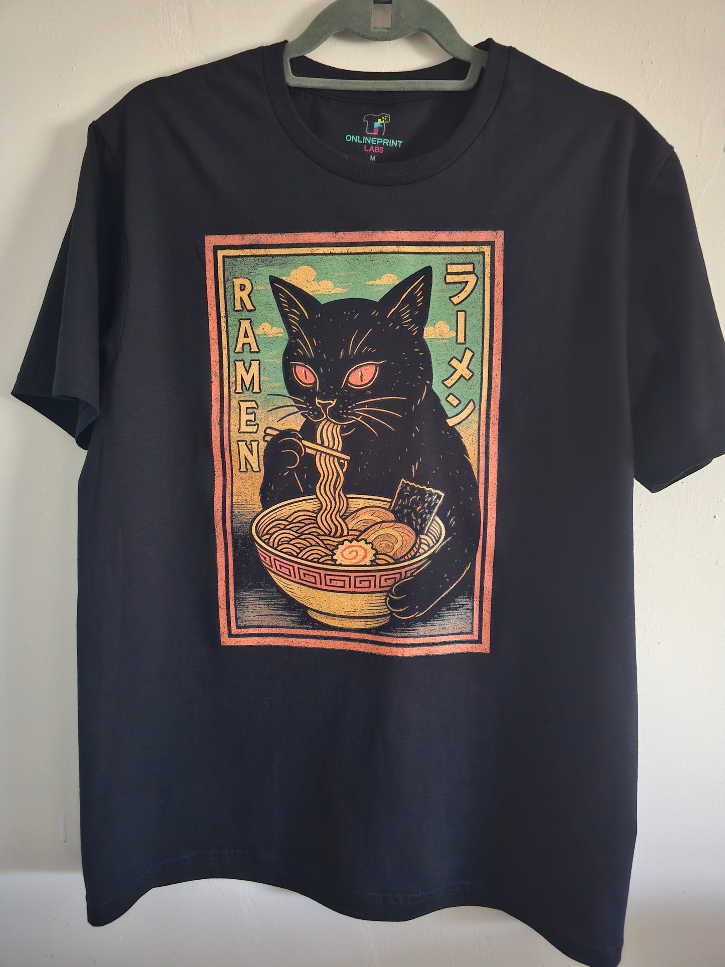 Ramen Cat T-Shirt | Japanese Streetwear Noodle Graphic Tee | Black Cat Anime Food Shirt