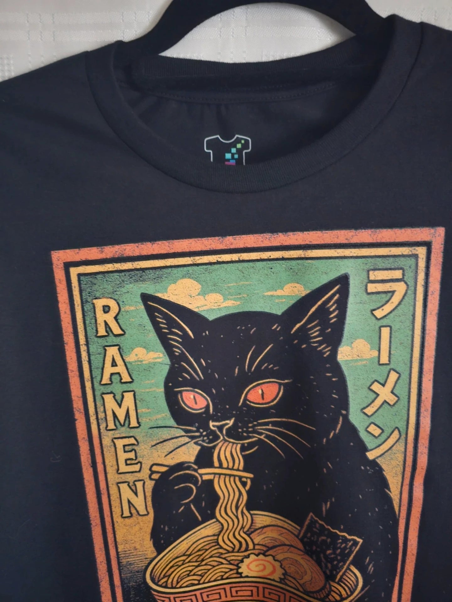 Black Graphic T-Shirt | Vintage Ramen Cat Design | Men’s Cotton