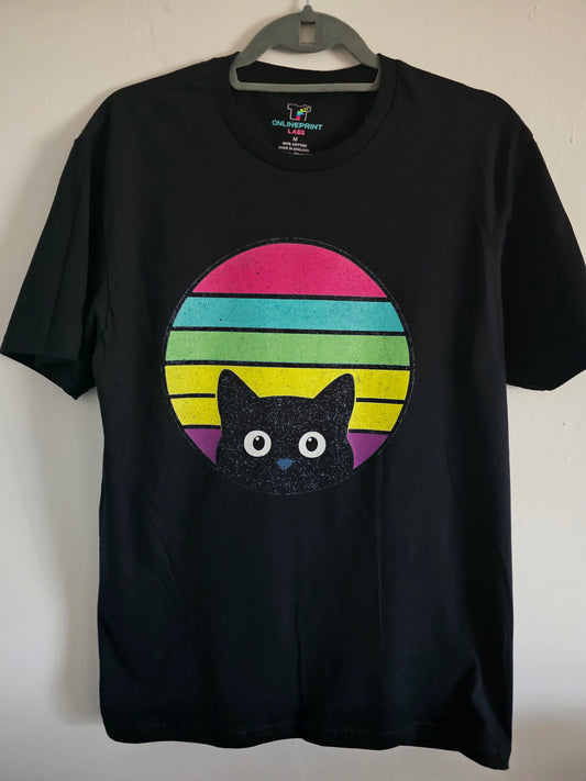Retro Black Cat T-Shirt | Cute Kawaii Cat , Colourful Vaporwave Style Cat Lover Shirt