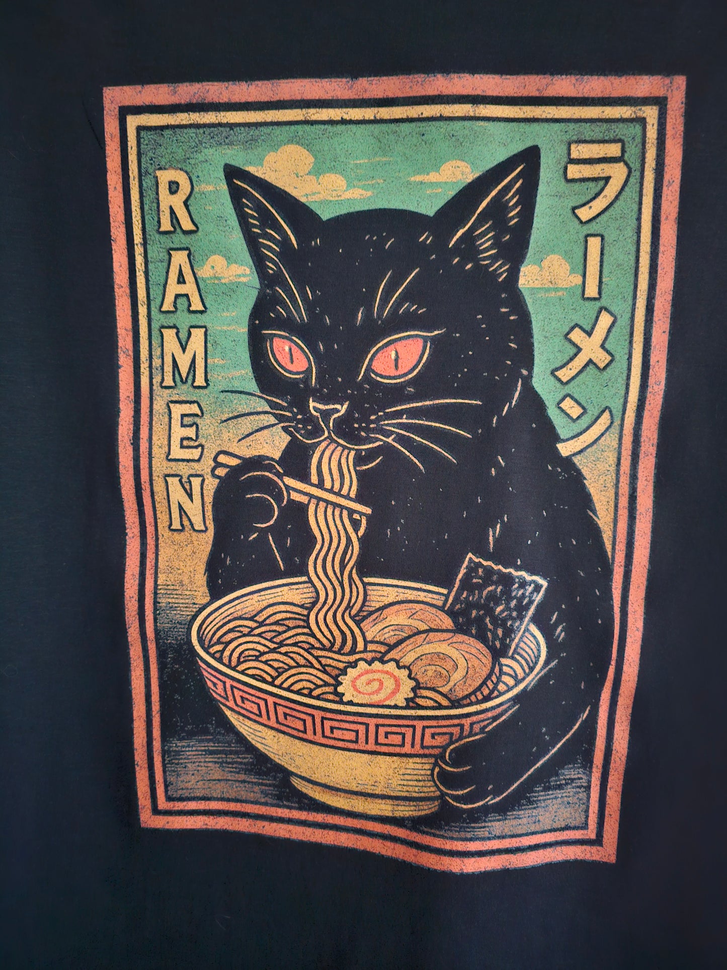 Ramen Cat T-Shirt | Japanese Streetwear Noodle Graphic Tee | Black Cat Anime Food Shirt
