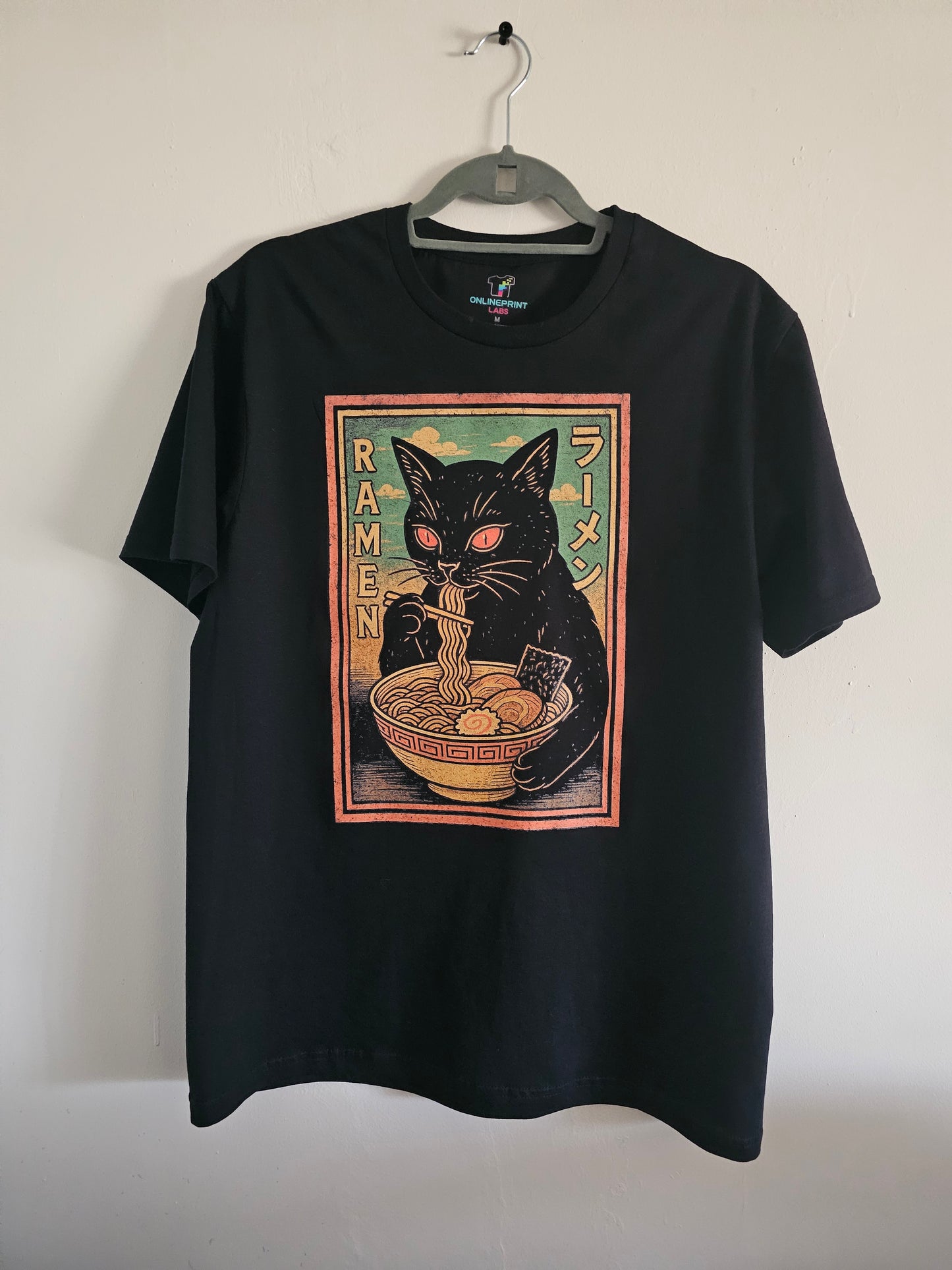 Ramen Cat T-Shirt | Japanese Streetwear Noodle Graphic Tee | Black Cat Anime Food Shirt