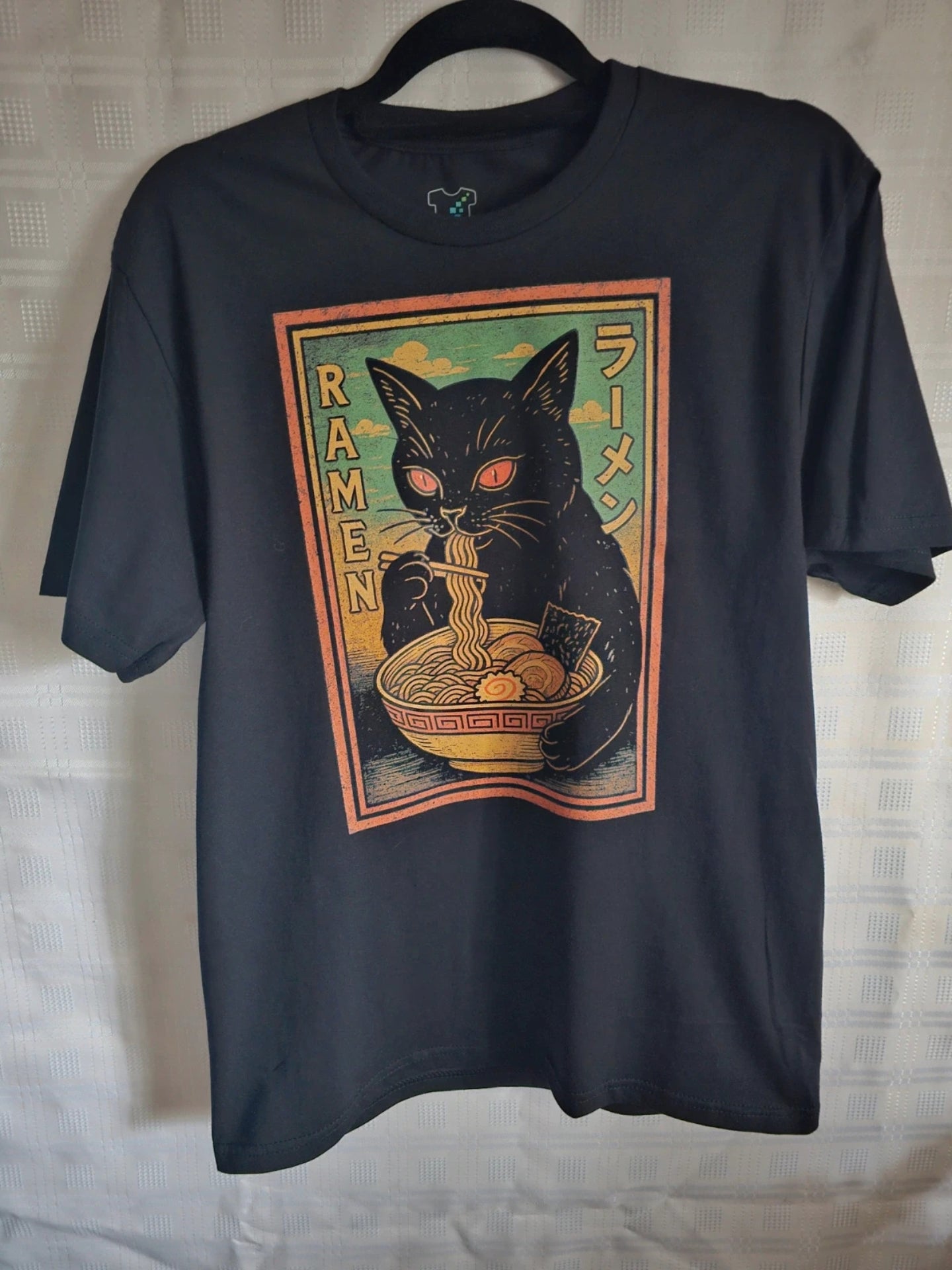 Black Graphic T-Shirt | Vintage Ramen Cat Design | Men’s Cotton